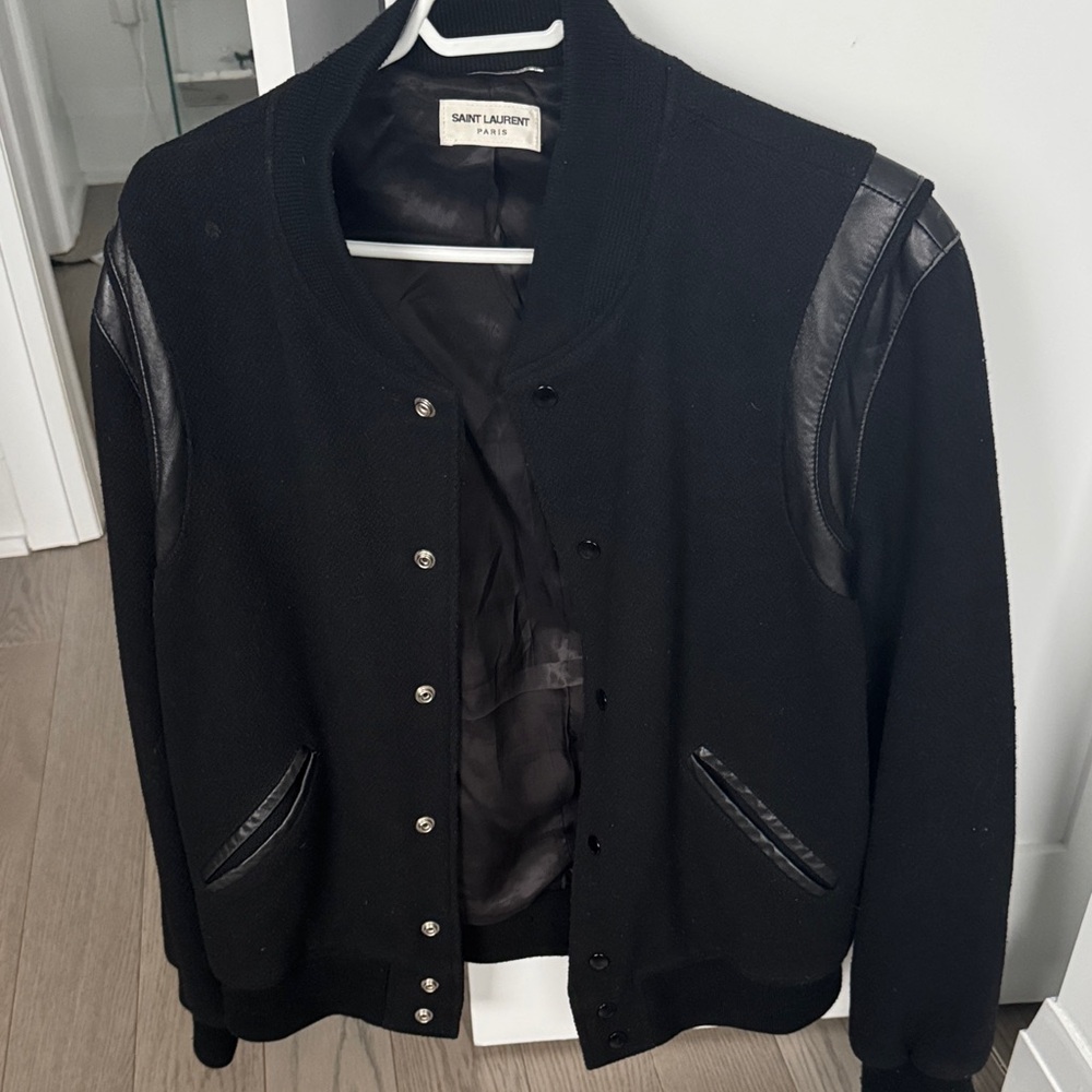 Saint Laurent Black Varsity Bomber Jacket with Leather Accents